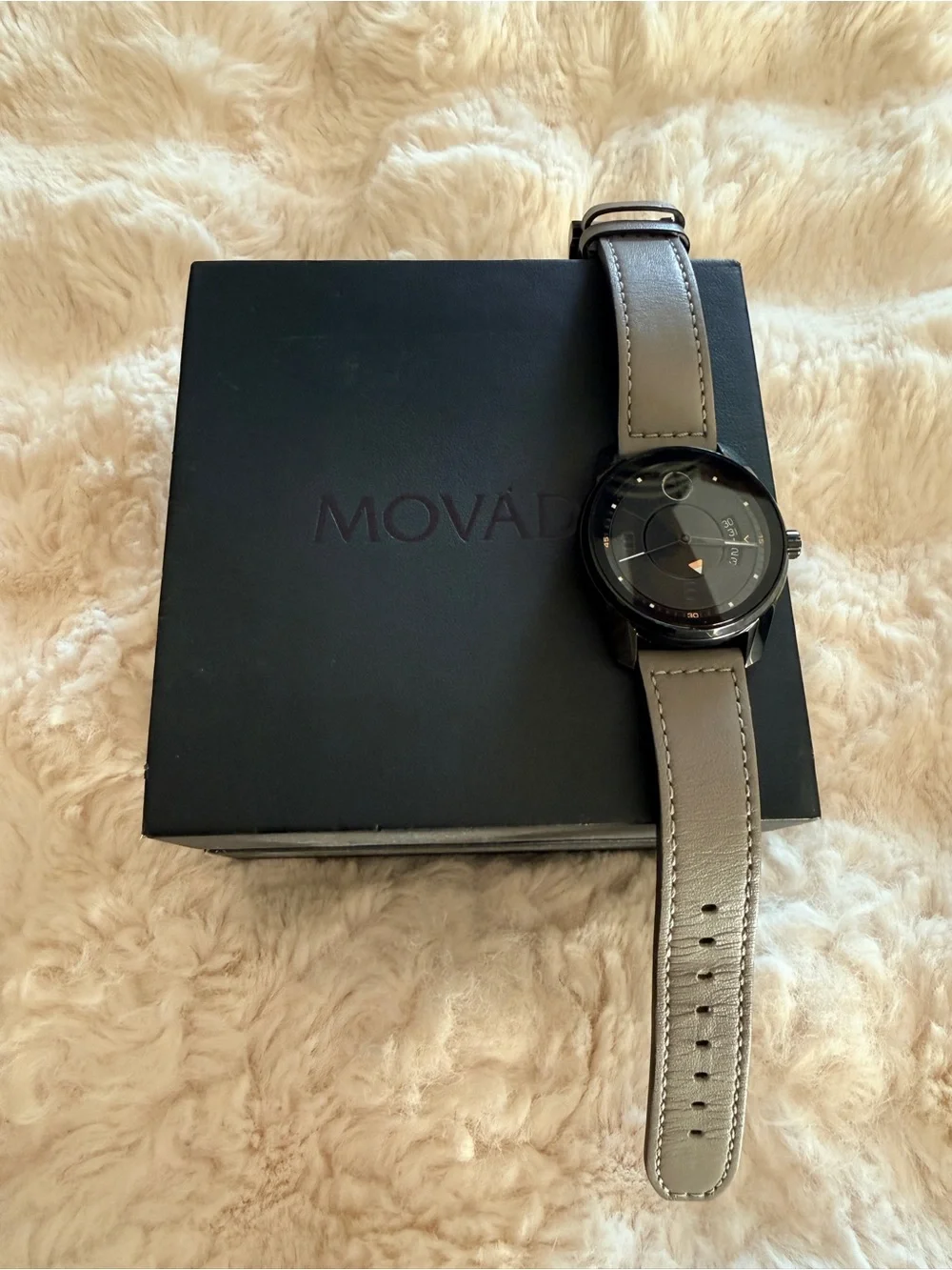 Movado BOLD Men's Black Dial Watch with Grey Leather Strap